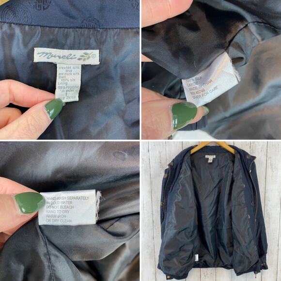 VTG Mureli Women's Black Gold Printed Silk Bomber Windbreaker Jacket Size Large - Picture 12 of 12
